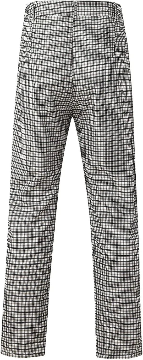 Mens Fashion Plaid Stretch Dress Pants Business Straight Leg Slim Fit Flat-Front Chino Pant Checkered Work Suit Pants