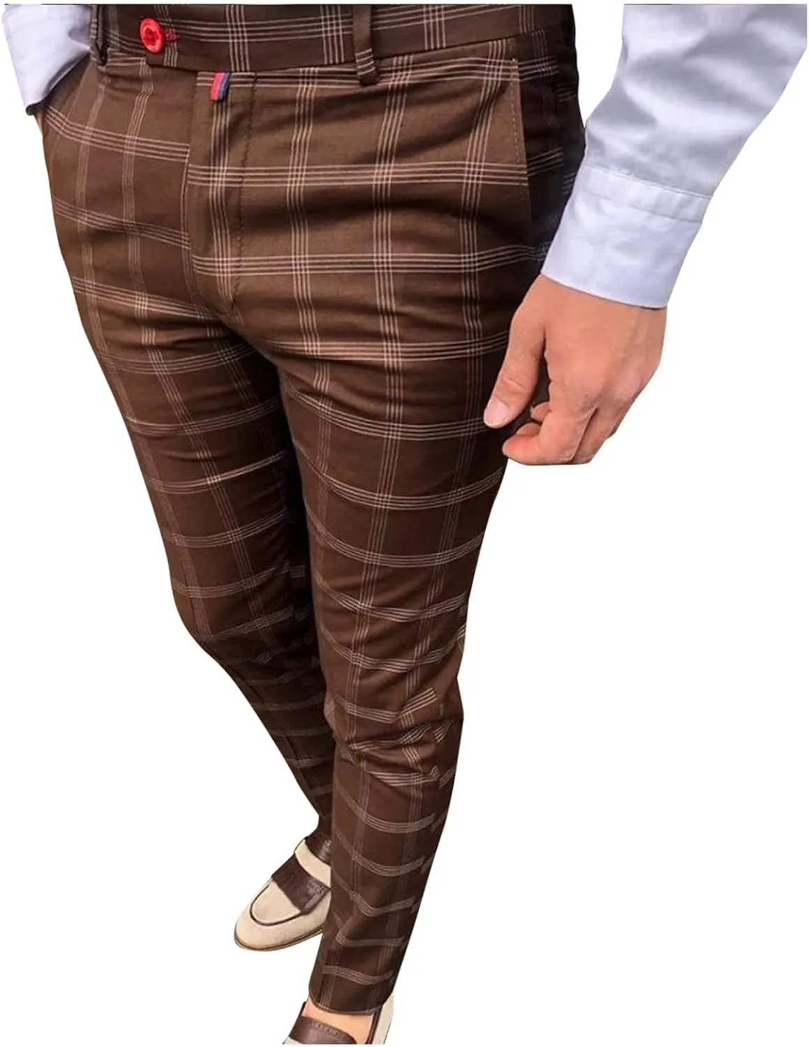 Mens Fashion Plaid Stretch Dress Pants Business Straight Leg Slim Fit Flat-Front Chino Pant Checkered Work Suit Pants