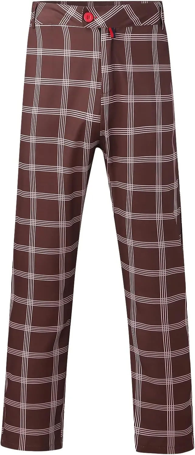 Mens Fashion Plaid Stretch Dress Pants Business Straight Leg Slim Fit Flat-Front Chino Pant Checkered Work Suit Pants