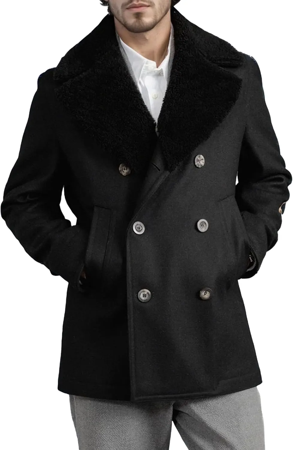 Mens Fur Collar Wool Overcoat Slim Fit Casual Business Trench Overcoats Winter Coat Double Breasted Male Peacoat