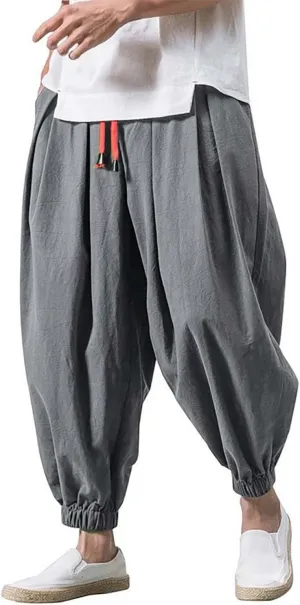 Mens Harem Pants, Casual Elastic Waist Drawstring Baggy Pants, Summer Solid Color Hippie Hip Hop Lightweight Trousers
