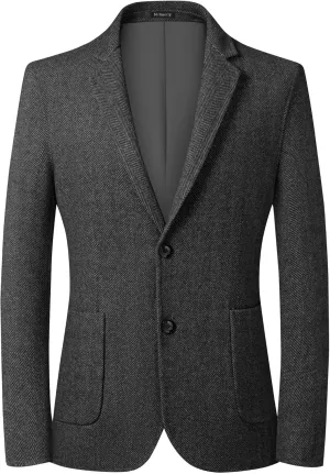 Mens Herringbone Tweed Blazer Vintage Wool Blend Sport Coat Jacket 2 Button Casual Wedding Groomsmen Prom Suit