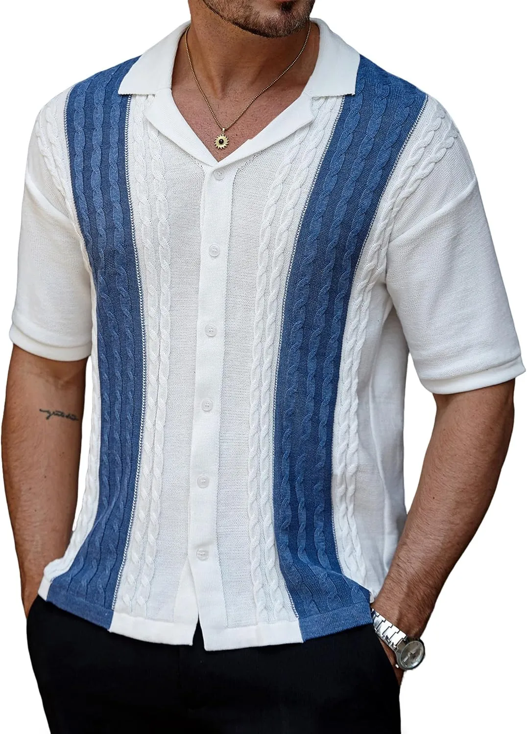 Men's Knit Shirts Short Sleeve Button Down Shirt Cuban Collar Vintage Casual Summer Tops with Crochet Cable Design