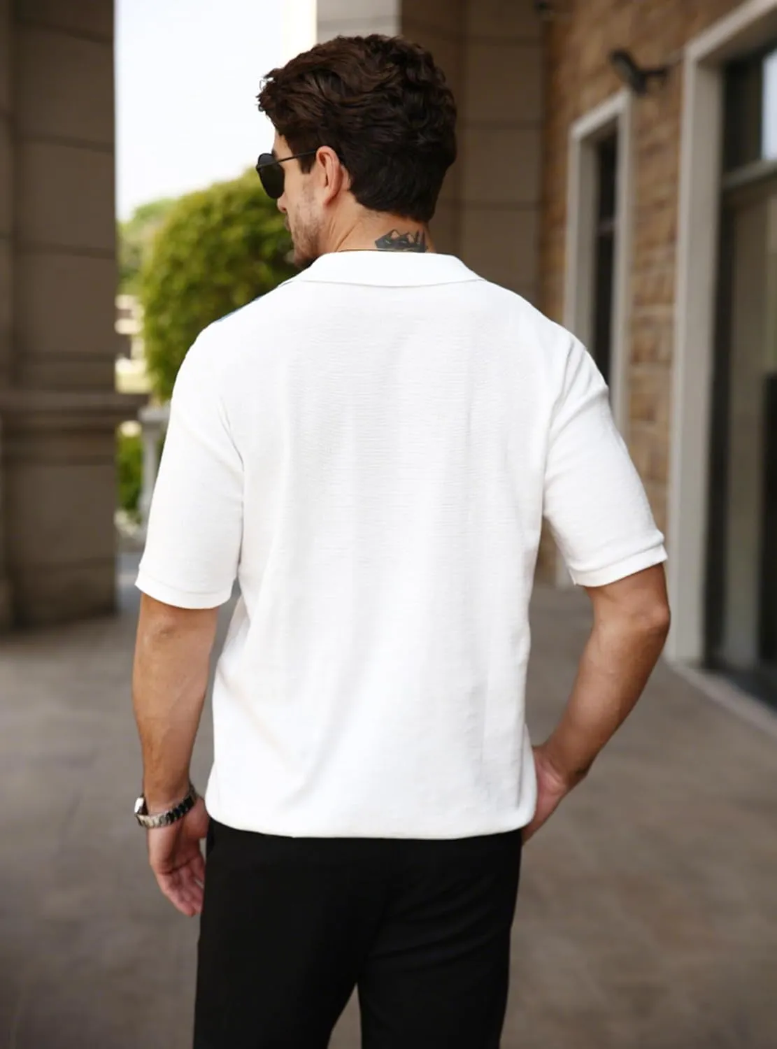 Men's Knit Shirts Short Sleeve Button Down Shirt Cuban Collar Vintage Casual Summer Tops with Crochet Cable Design
