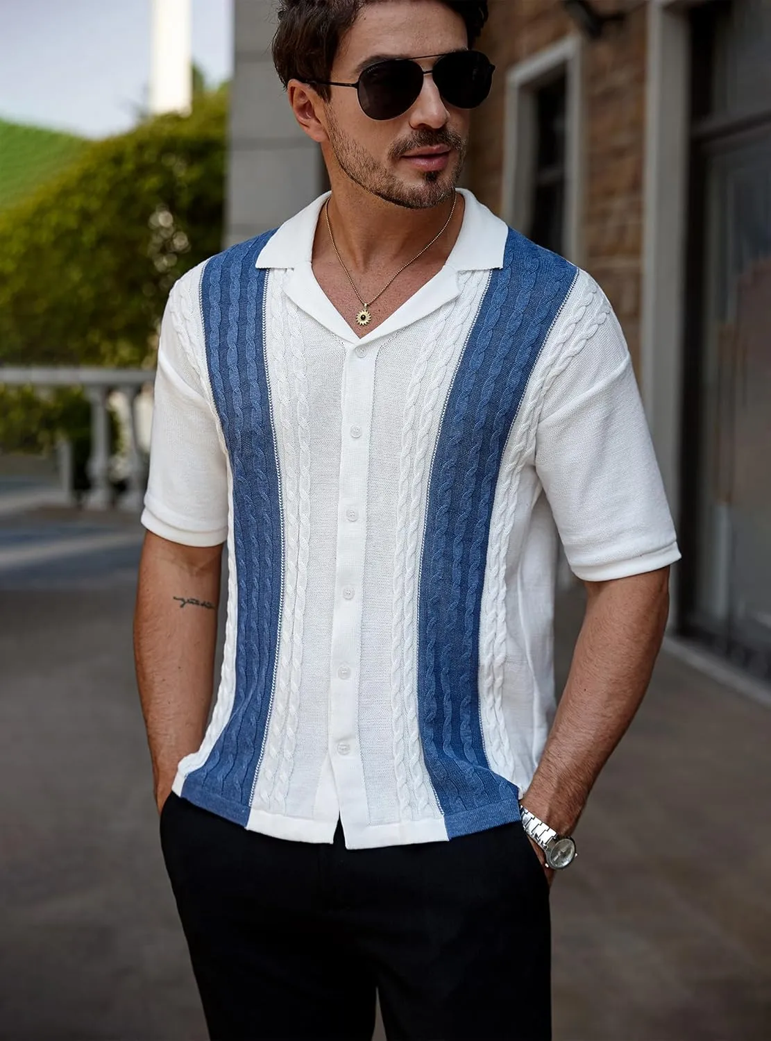 Men's Knit Shirts Short Sleeve Button Down Shirt Cuban Collar Vintage Casual Summer Tops with Crochet Cable Design