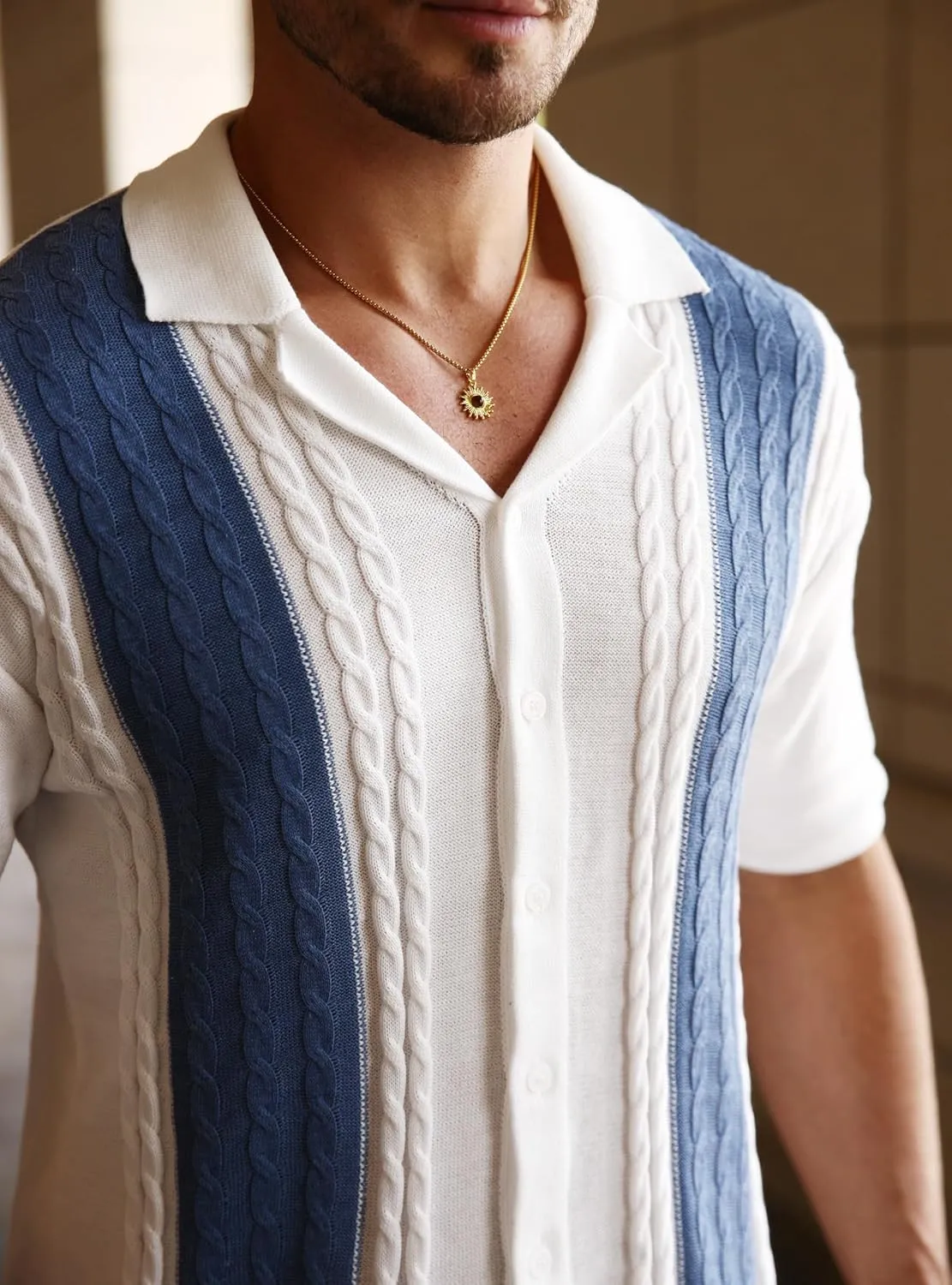 Men's Knit Shirts Short Sleeve Button Down Shirt Cuban Collar Vintage Casual Summer Tops with Crochet Cable Design