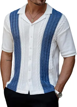 Men's Knit Shirts Short Sleeve Button Down Shirt Cuban Collar Vintage Casual Summer Tops with Crochet Cable Design