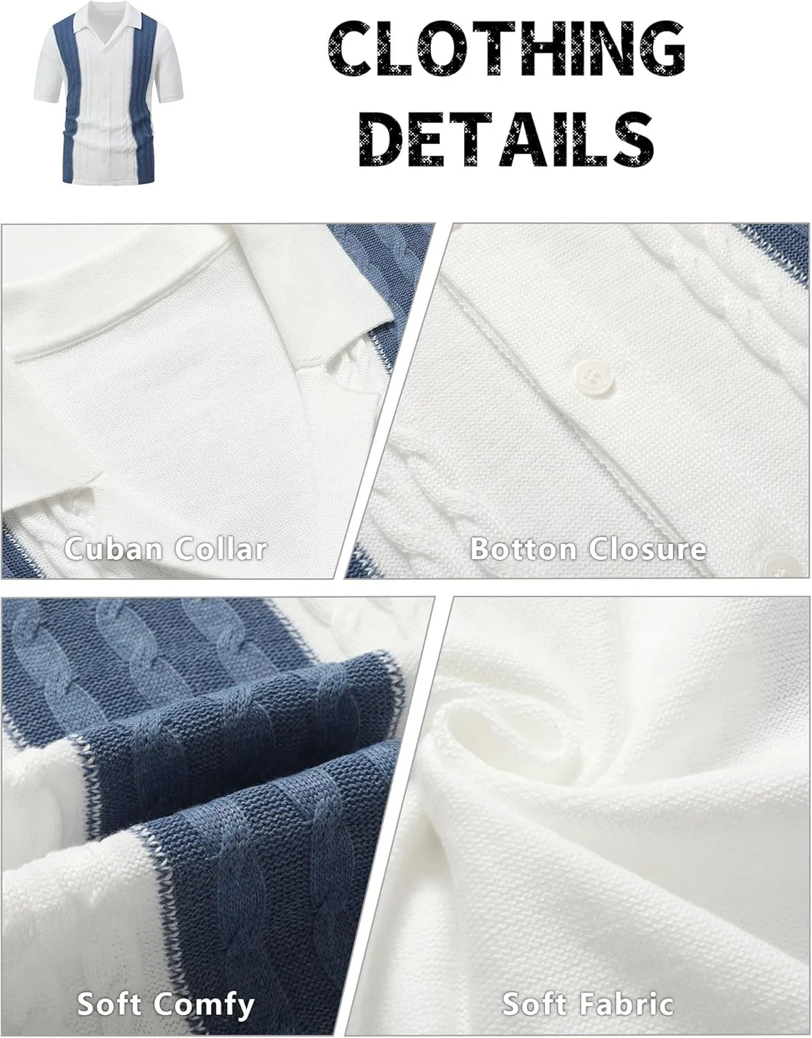 Men's Knit Shirts Short Sleeve Button Down Shirt Cuban Collar Vintage Casual Summer Tops with Crochet Cable Design