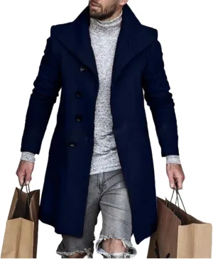 Men's Plaid Trench Coat Lapel Slim Fit Single Breasted Wool Blend Pea Coat Casual Winter Mid Long Jacket Overcoat