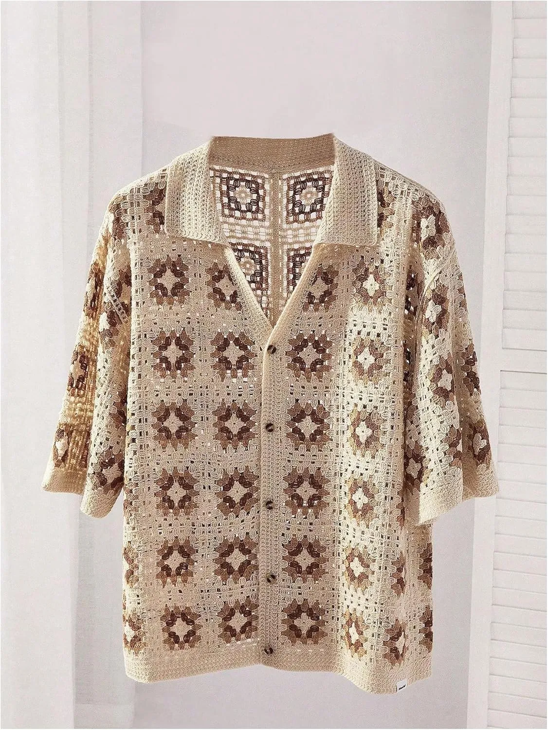 Men's Plus Size Floral Hollow Out Crochet Half Sleeve Cardigans Sweaters Button Down Collared Neck Knitwear