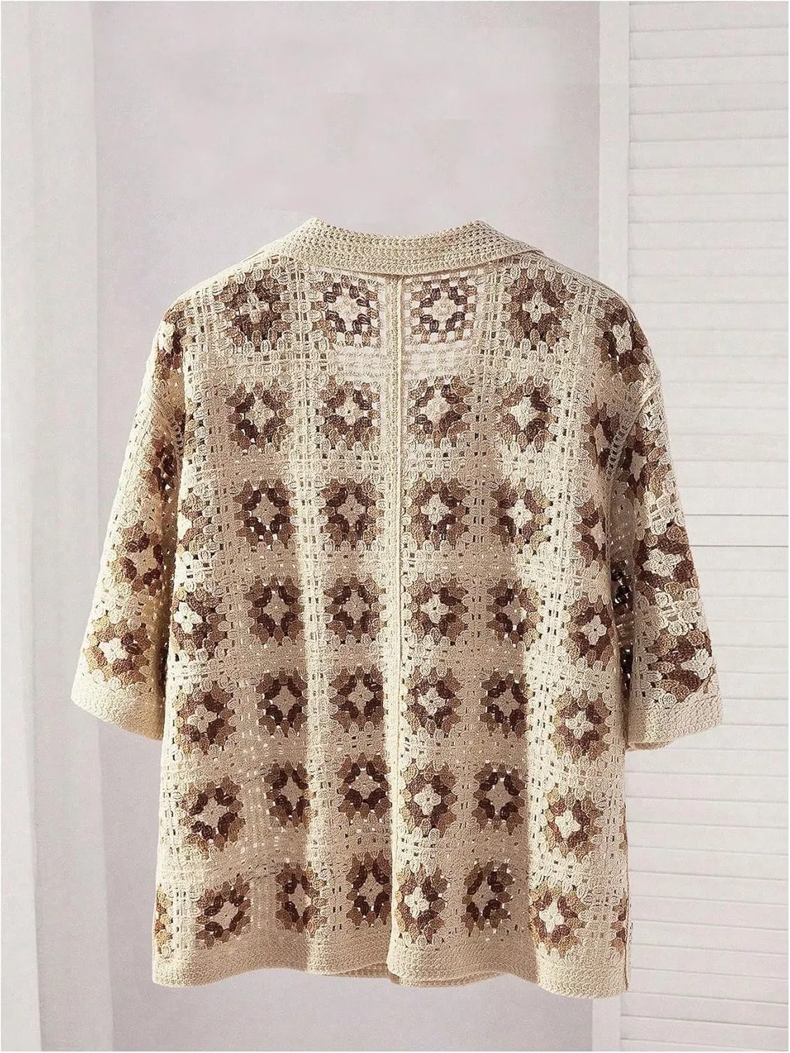 Men's Plus Size Floral Hollow Out Crochet Half Sleeve Cardigans Sweaters Button Down Collared Neck Knitwear
