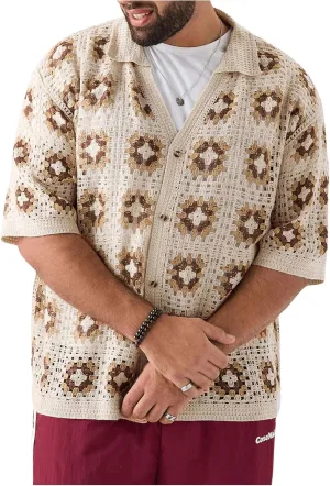 Men's Plus Size Floral Hollow Out Crochet Half Sleeve Cardigans Sweaters Button Down Collared Neck Knitwear