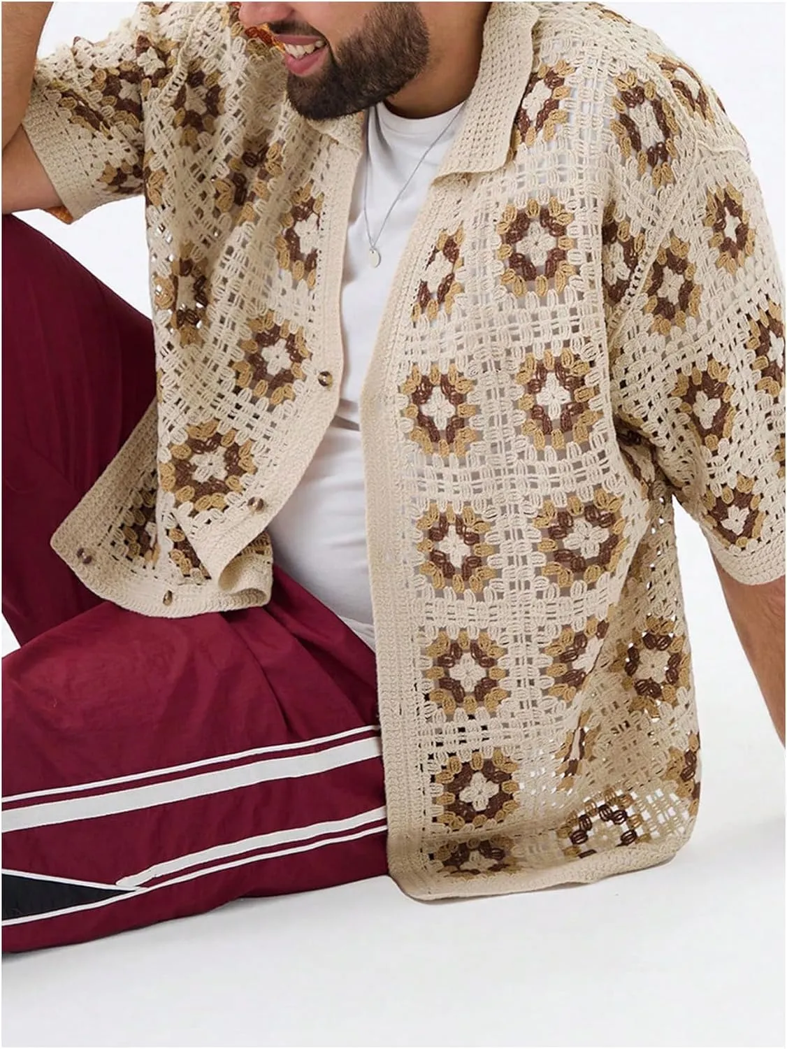 Men's Plus Size Floral Hollow Out Crochet Half Sleeve Cardigans Sweaters Button Down Collared Neck Knitwear
