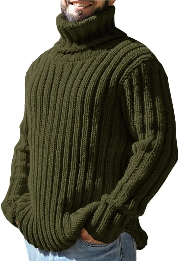 Mens Sweaters Turtleneck Cable Knitted Pullover Long Sleeve Slim Fit Chunky Casual Fall Winter Warm Cardigans