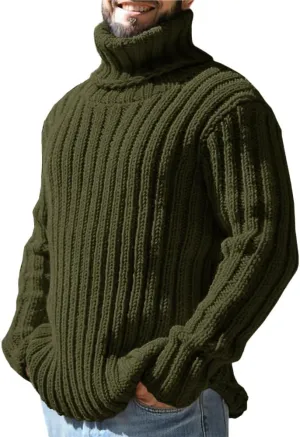 Mens Sweaters Turtleneck Cable Knitted Pullover Long Sleeve Slim Fit Chunky Casual Fall Winter Warm Cardigans