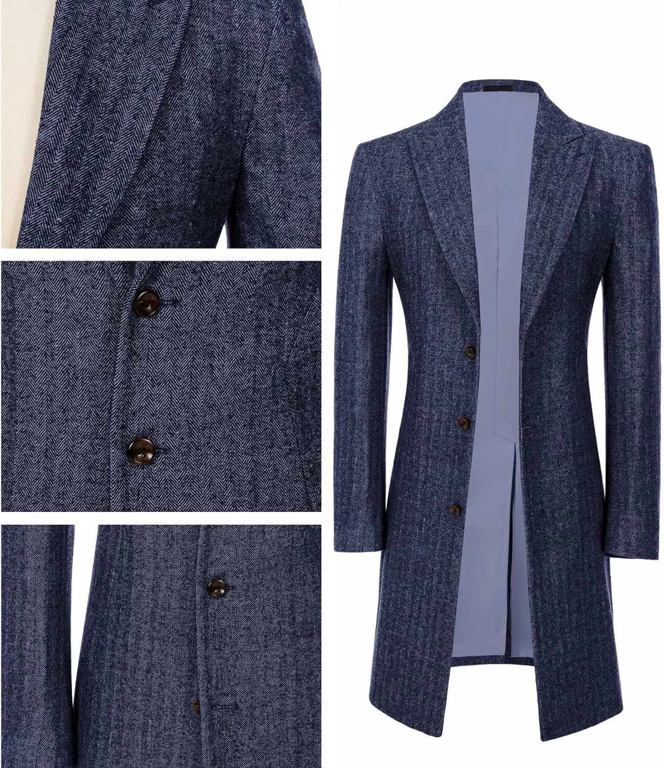 Mens Trench Coat Herringbone Wool Peak Lapel Single Breasted Long Slim Fit Pea Coat Business Suit Jacket for Men