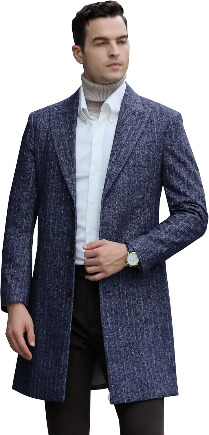 Mens Trench Coat Herringbone Wool Peak Lapel Single Breasted Long Slim Fit Pea Coat Business Suit Jacket for Men