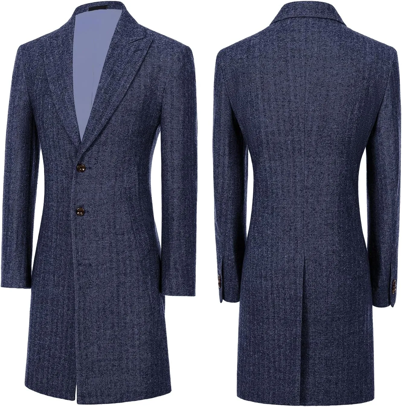 Mens Trench Coat Herringbone Wool Peak Lapel Single Breasted Long Slim Fit Pea Coat Business Suit Jacket for Men