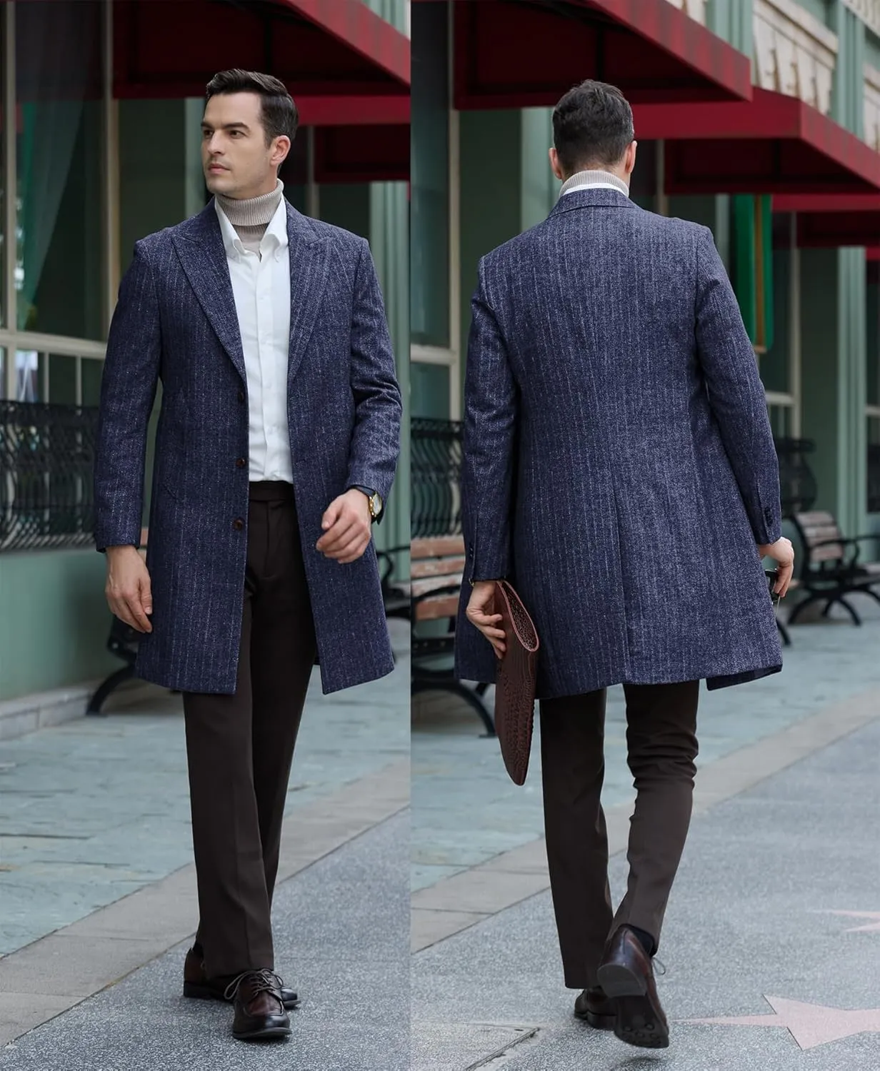 Mens Trench Coat Herringbone Wool Peak Lapel Single Breasted Long Slim Fit Pea Coat Business Suit Jacket for Men