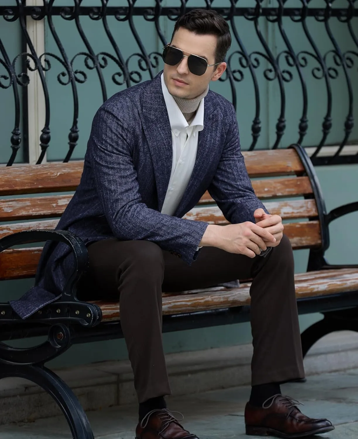 Mens Trench Coat Herringbone Wool Peak Lapel Single Breasted Long Slim Fit Pea Coat Business Suit Jacket for Men