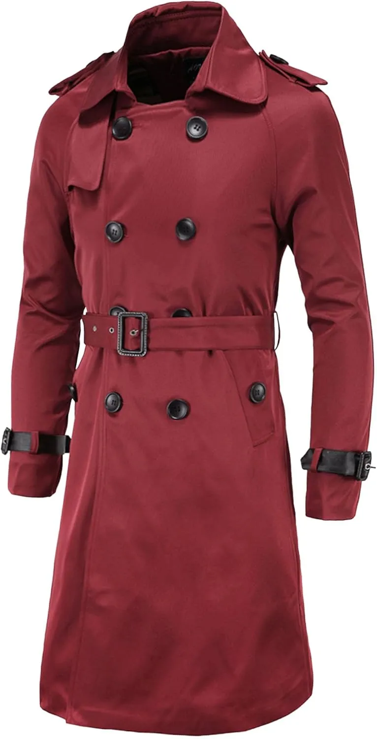Men's Trench Coat Slim Fit Double Breasted Belted Windbreaker Lapel Long Jacket Casual Windproof Overcoat