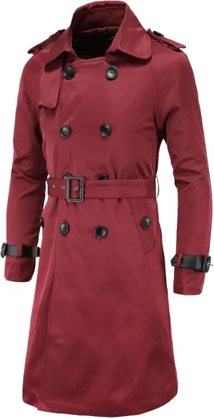 Men's Trench Coat Slim Fit Double Breasted Belted Windbreaker Lapel Long Jacket Casual Windproof Overcoat
