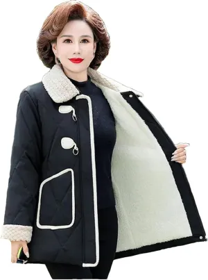 Middle-Aged Mother Autumn Winter Stylish Fleece Cotton-Padded Loose Ladies Horn Buckle Casual Warm Coat