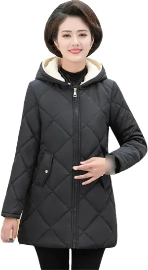 Middle Aged Mother Winter Mid-Length Hooded Thick Fleece Warm Cotton Padded Coat