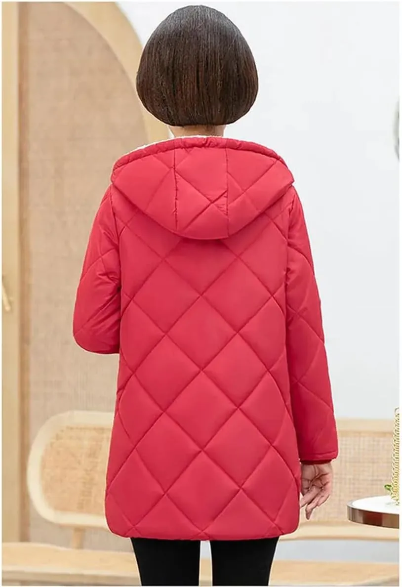 Middle Aged Mother Winter Mid-Length Hooded Thick Fleece Warm Cotton Padded Coat