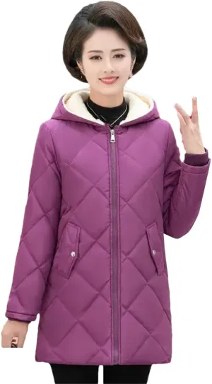 Middle Aged Mother Winter Mid-Length Hooded Thick Fleece Warm Cotton Padded Coat