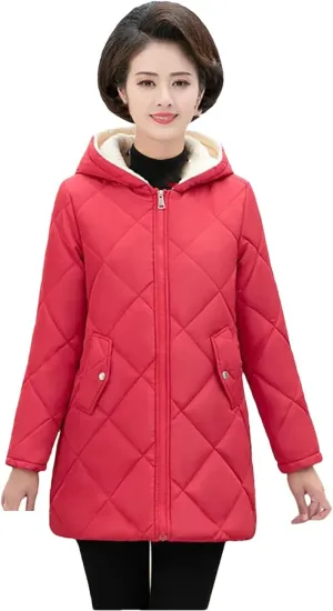 Middle Aged Mother Winter Mid-Length Hooded Thick Fleece Warm Cotton Padded Coat