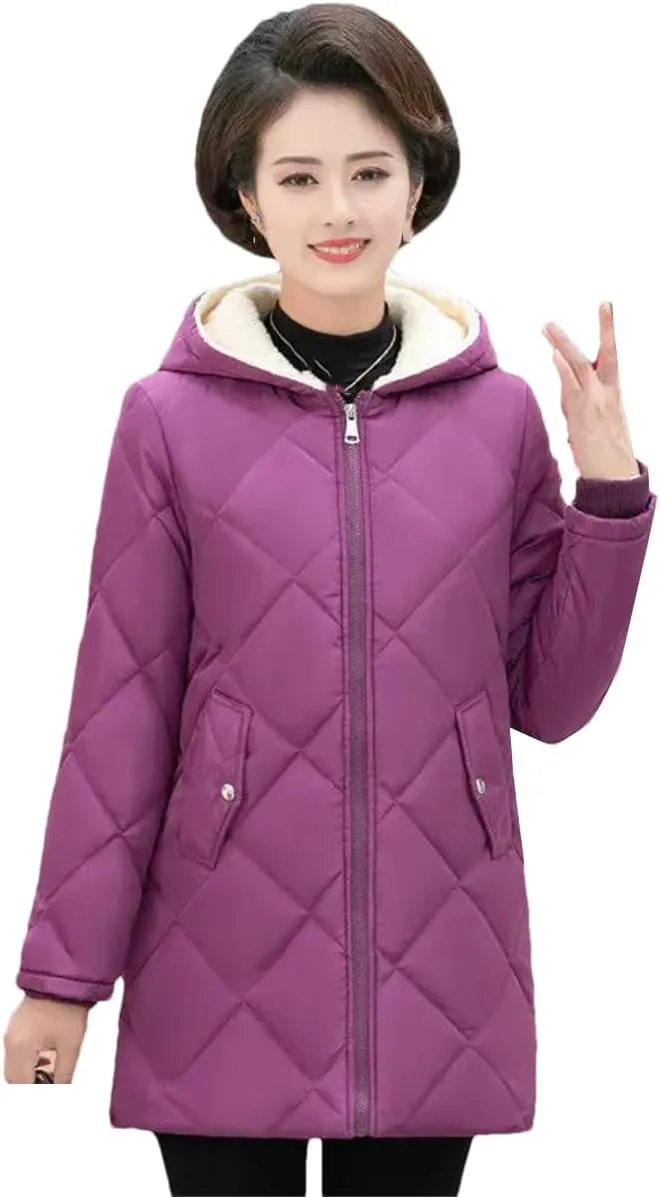 Middle Aged Mother Winter Mid-Length Hooded Thick Fleece Warm Cotton Padded Coat