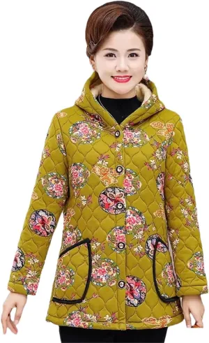 Middle-Aged Women Winter Medium Long Hooded Fleece Jacket Mother's Cotton-Padded Warm Coat