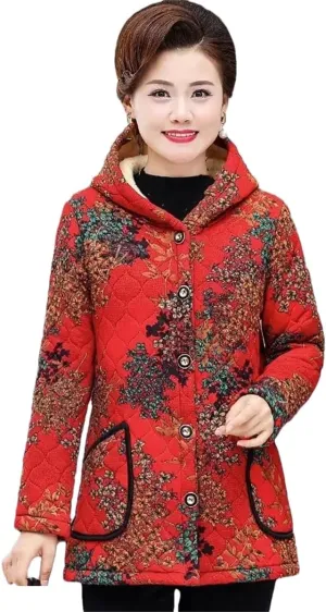 Middle-Aged Women Winter Medium Long Hooded Fleece Jacket Mother's Cotton-Padded Warm Coat