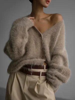 MOLERFO Women's Furry Knit Cardigan Batwing Sleeves Open Front V-Neck Button Down Loose Casual Fuzzy Sweater Coat