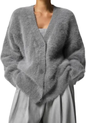 MOLERFO Women's Furry Knit Cardigan Batwing Sleeves Open Front V-Neck Button Down Loose Casual Fuzzy Sweater Coat
