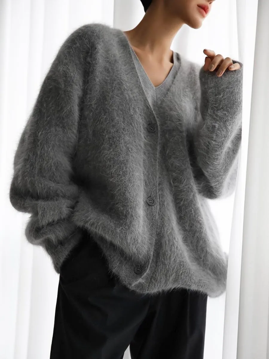 MOLERFO Women's Furry Knit Cardigan Batwing Sleeves Open Front V-Neck Button Down Loose Casual Fuzzy Sweater Coat