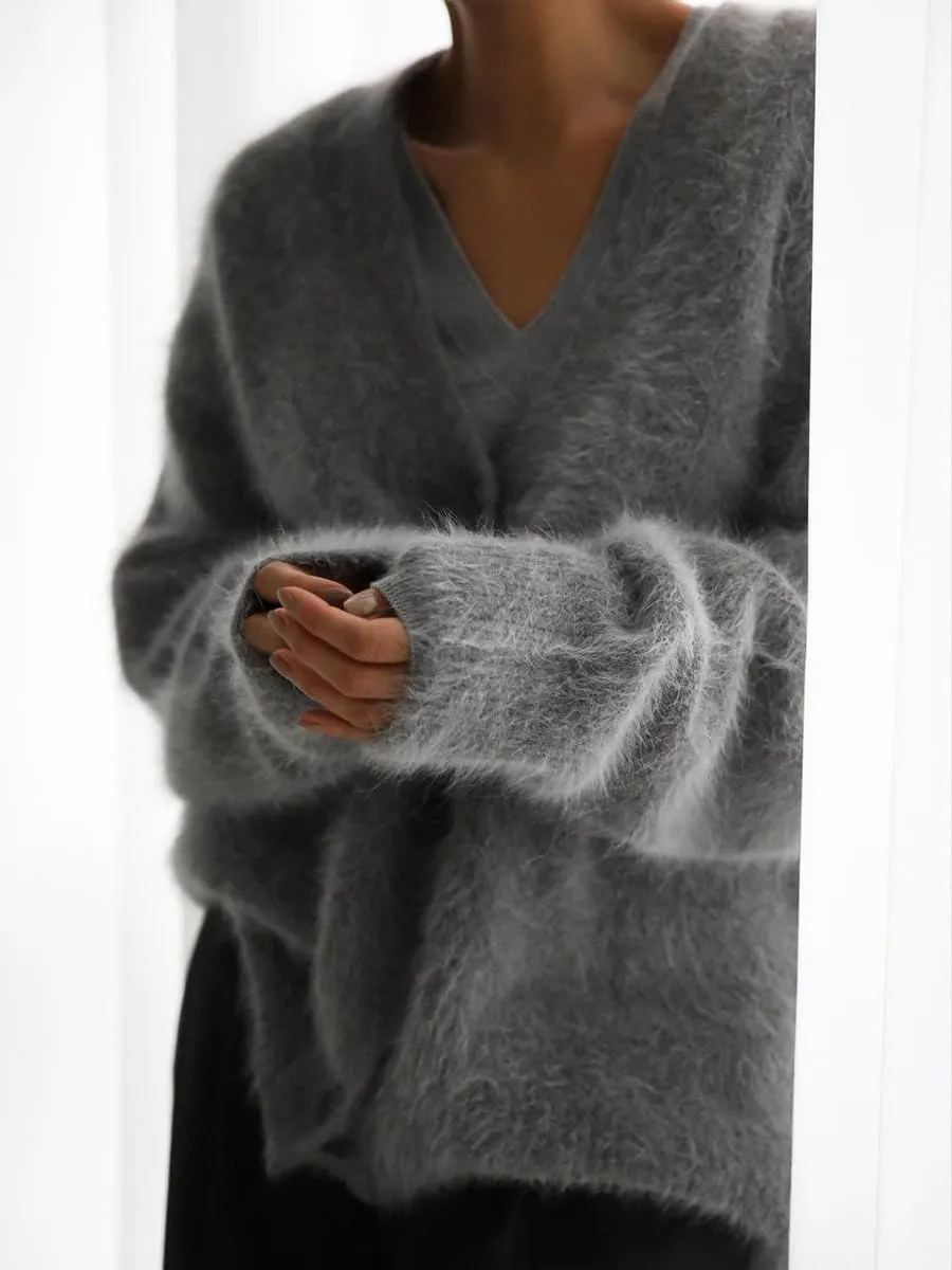 MOLERFO Women's Furry Knit Cardigan Batwing Sleeves Open Front V-Neck Button Down Loose Casual Fuzzy Sweater Coat