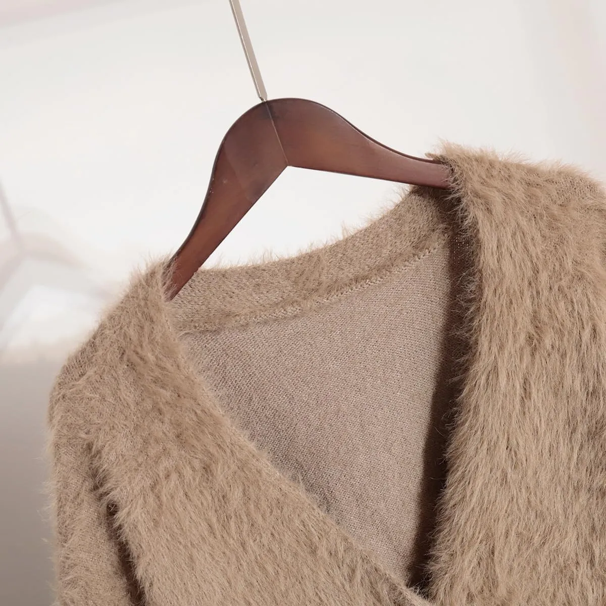 MOLERFO Women's Furry Knit Cardigan Batwing Sleeves Open Front V-Neck Button Down Loose Casual Fuzzy Sweater Coat