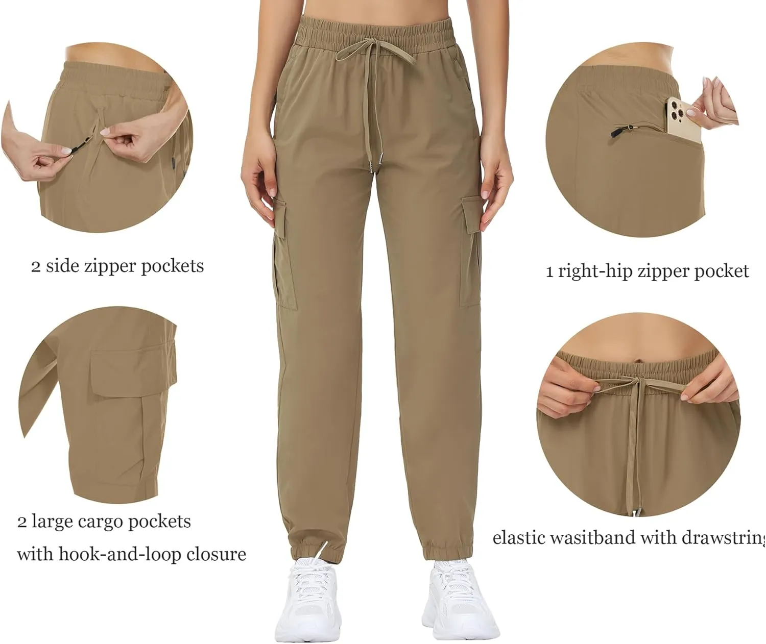 MOUEEY Women's Cargo Joggers Lightweight Quick Dry Athletic Water Resistant Lounge Casual Pants with Zipper Pockets