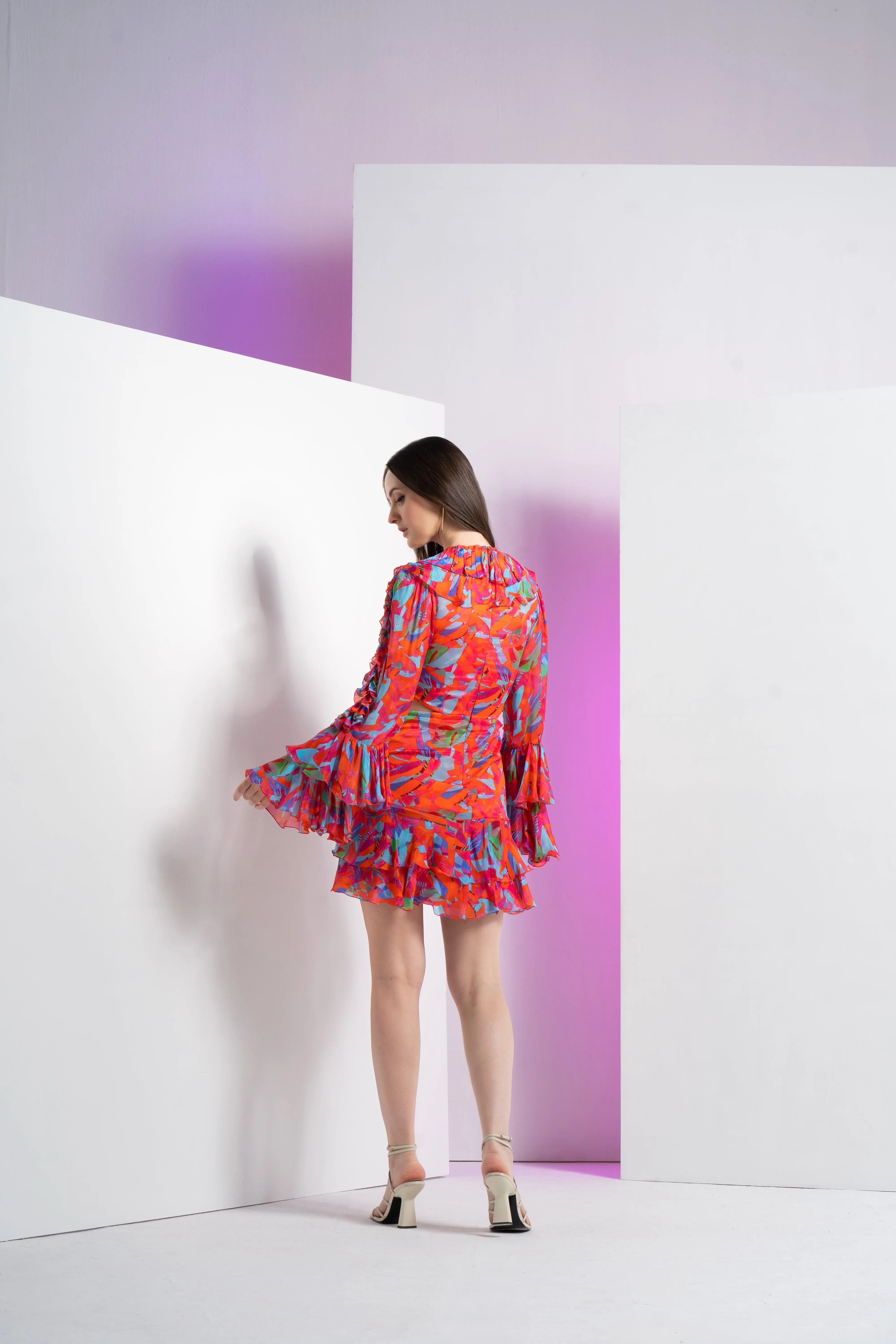 Multi printed mesh short dress with ruffle at neck