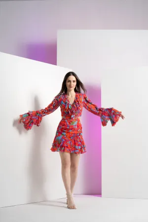 Multi printed mesh short dress with ruffle at neck