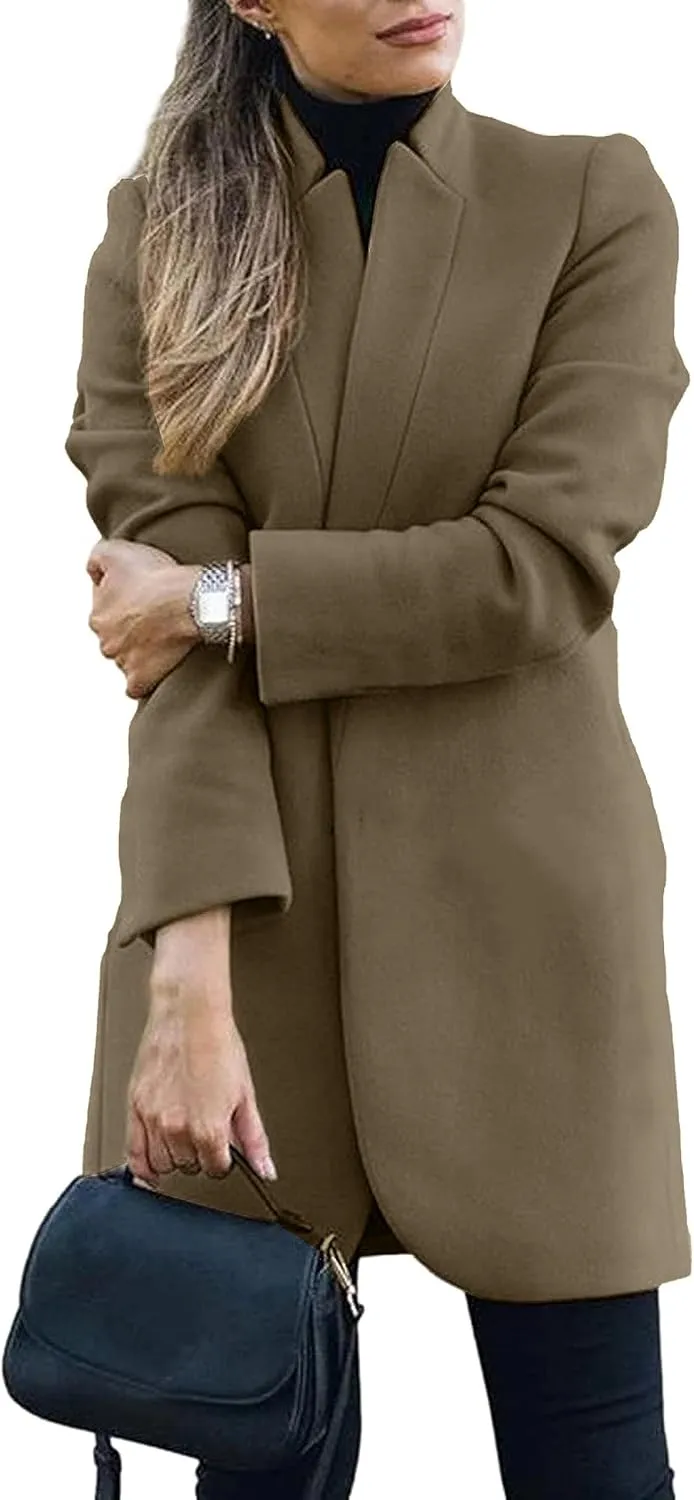 Omoone Women's Basic Stand Collar Slim Fit Jacket Pea Coat Notched Lapel Trench Coat
