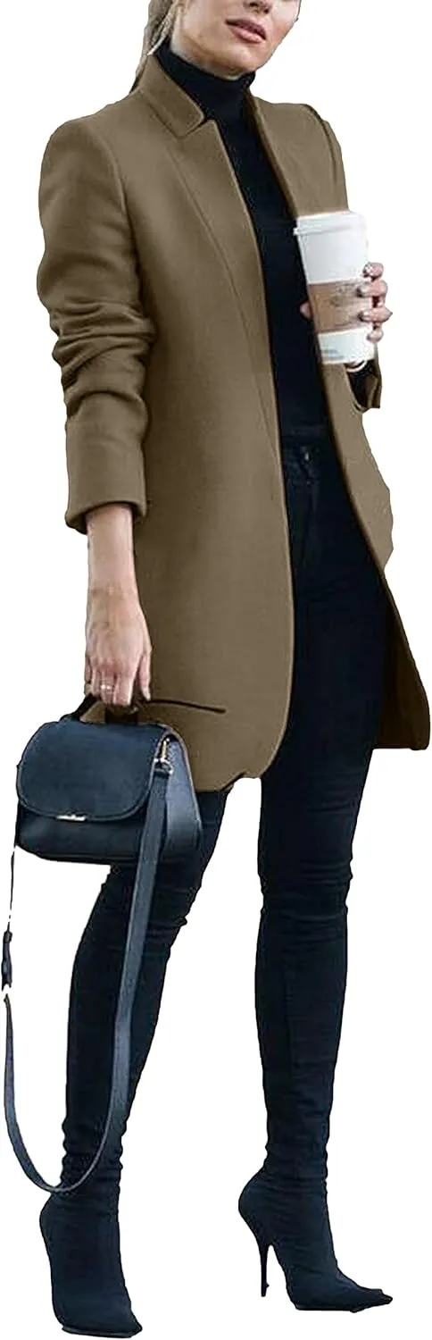 Omoone Women's Basic Stand Collar Slim Fit Jacket Pea Coat Notched Lapel Trench Coat