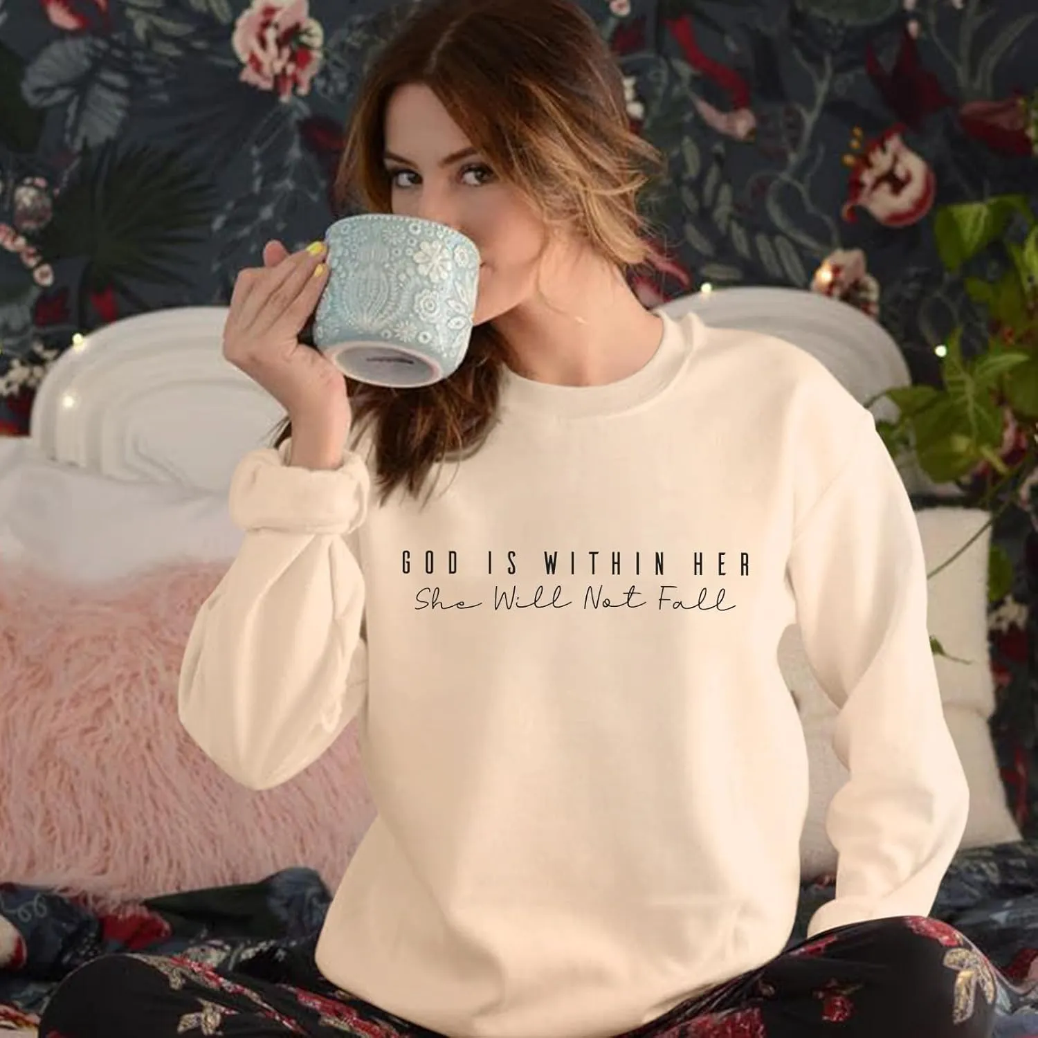 Oversized Christian Sweatshirts Women Faith Jesus Bible Verse Shirts God Is Within Her Inspirational Pullover Tops
