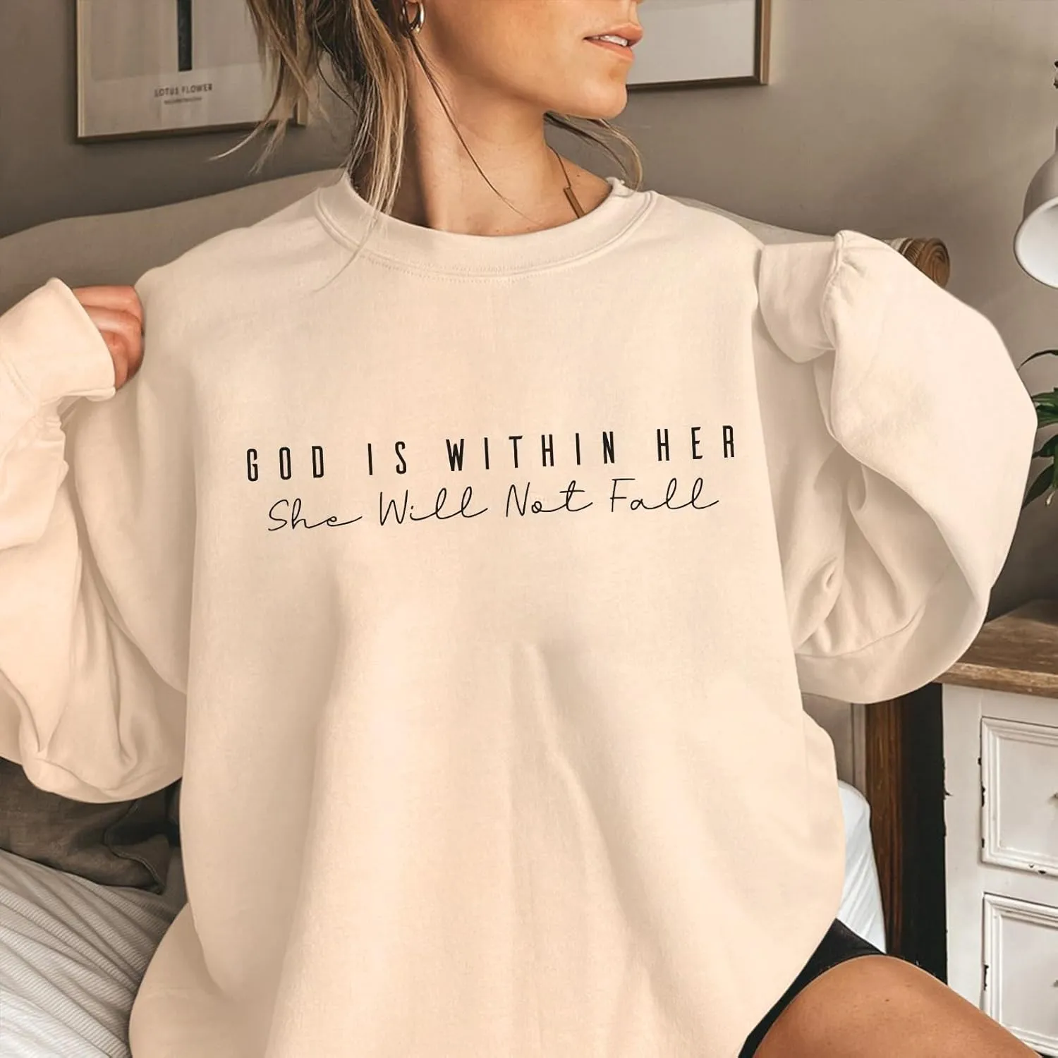 Oversized Christian Sweatshirts Women Faith Jesus Bible Verse Shirts God Is Within Her Inspirational Pullover Tops