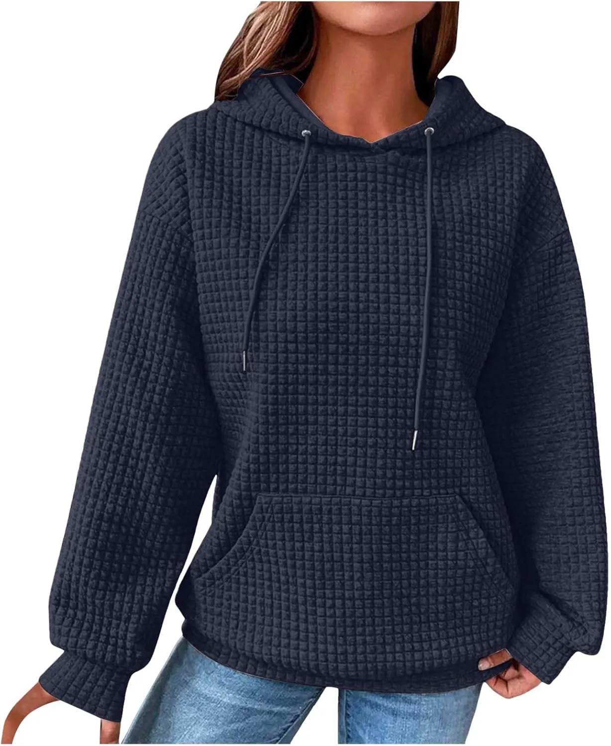 Oversized Hoodies for Women Waffle Pullover Casual Loose Fit Hooded Sweatshirt Long Sleeve Drawstring Tops