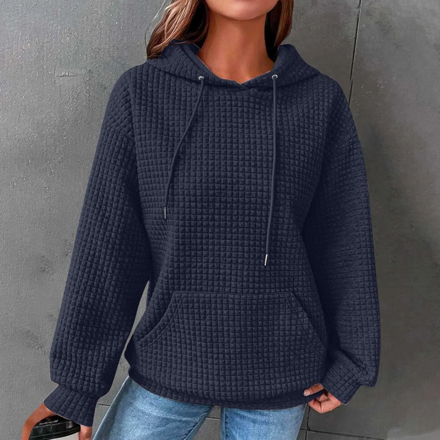 Oversized Hoodies for Women Waffle Pullover Casual Loose Fit Hooded Sweatshirt Long Sleeve Drawstring Tops
