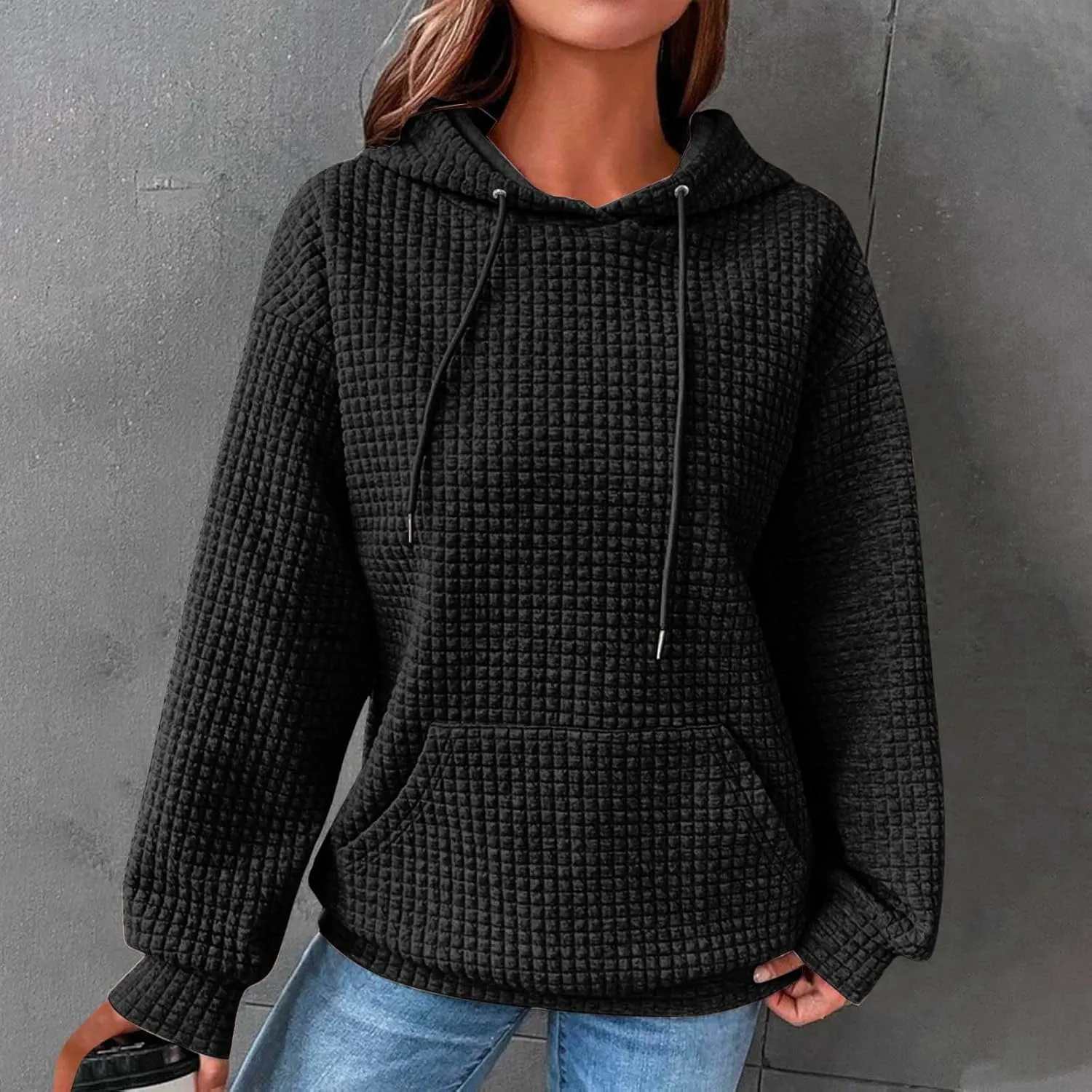 Oversized Hoodies for Women Waffle Pullover Casual Loose Fit Hooded Sweatshirt Long Sleeve Drawstring Tops