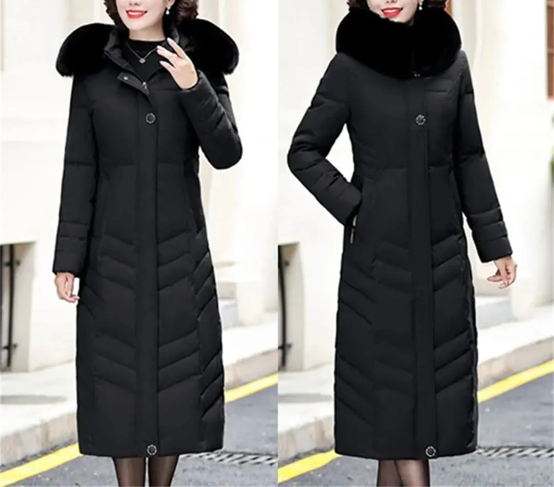 Pegsmio Middle-Aged Elderly Cotton-Padded Winter Thicker Longer Mid-Length Over-The-Knee Women's Loose Mother Coat